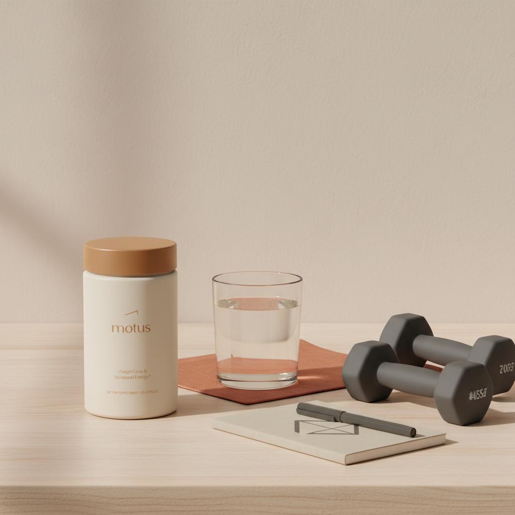 Motus supplement jar on tidy kitchen counter with glass of water, notebook and light dumbbells in soft daylight — best supplements for fat loss