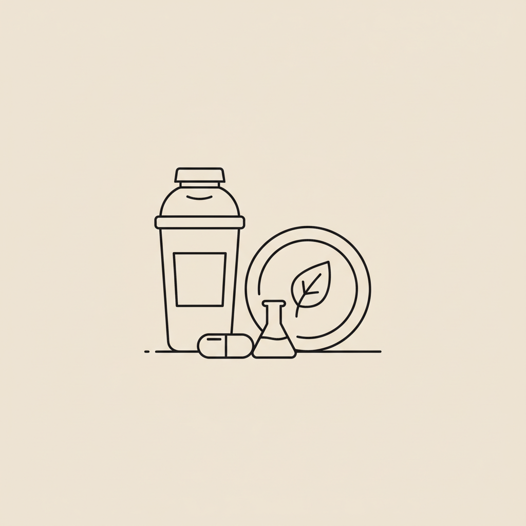 Minimalist line illustration of a protein shake bottle, plate with a leaf, capsule and lab beaker on beige background - protein shakes for weight loss