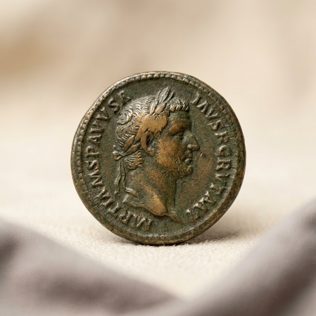 authentic roman coin necklace macro photo of denarius obverse portrait with natural patina and fine surface detail on soft beige background