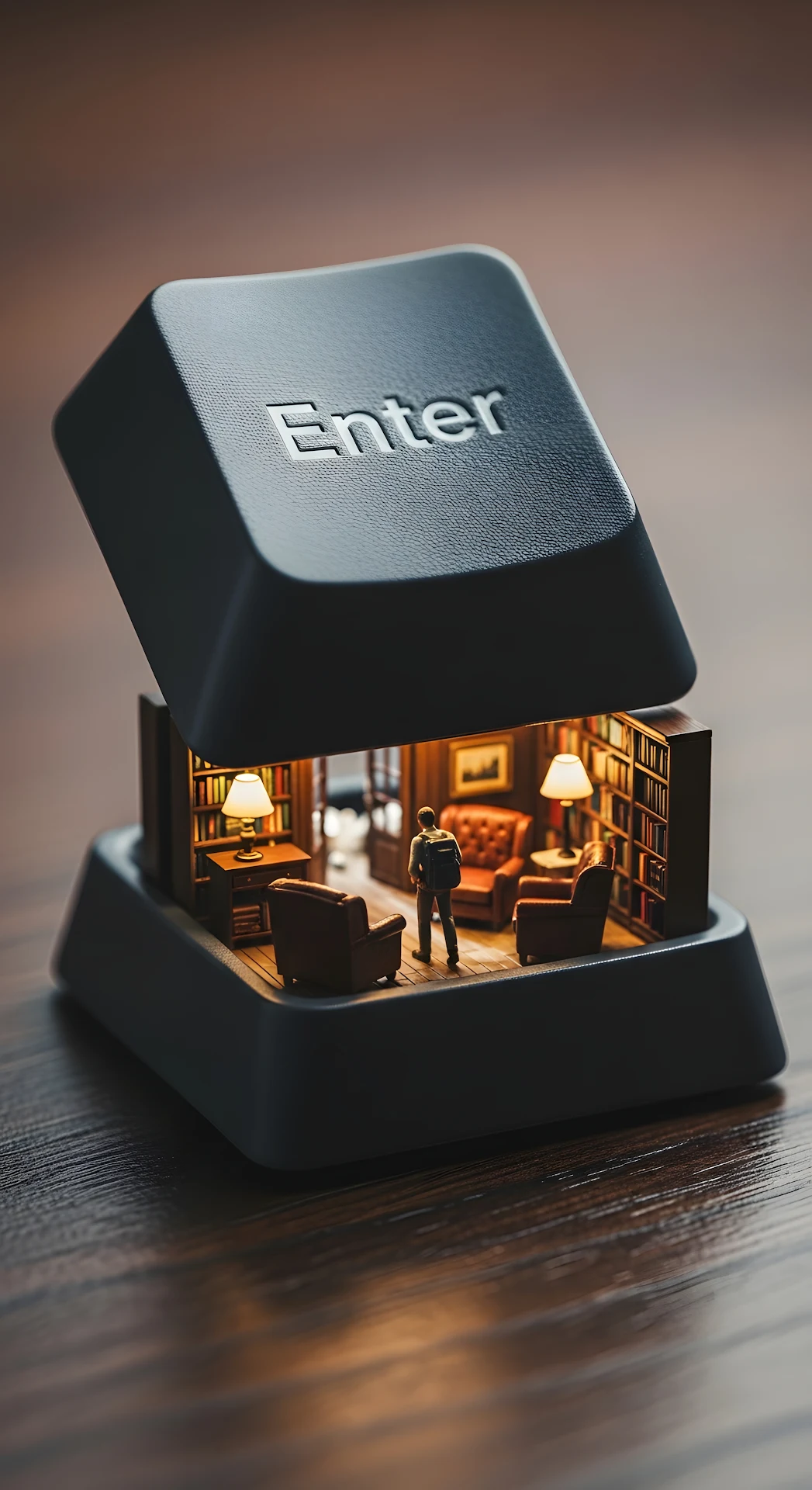 Miniature Library Inside Enter Keyboard Key Macro Art - Free 4K mobile Wallpaper