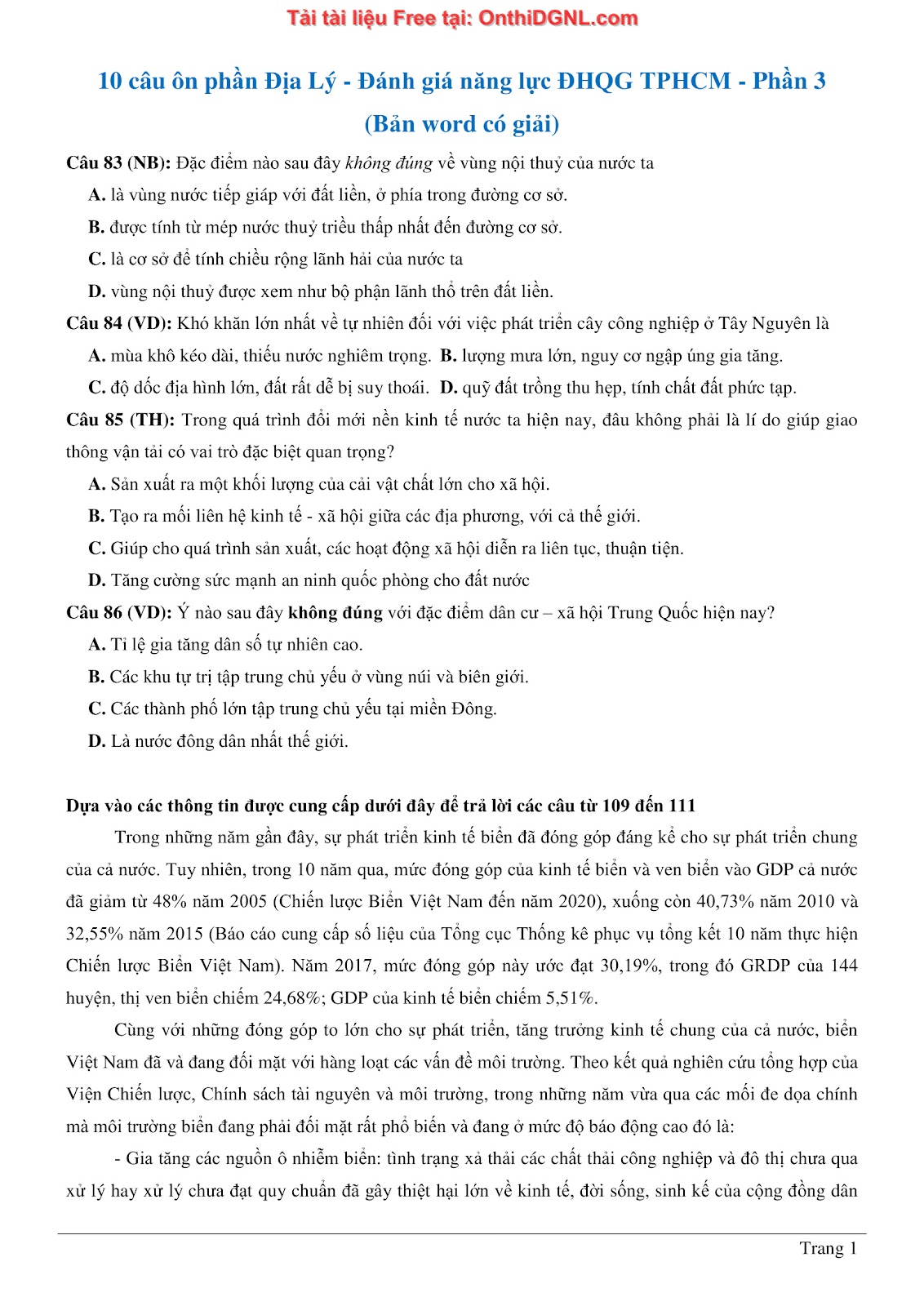 250 bài tập môn Địa Lý - Ôn thi ĐGNL ĐHQG TP HCM Phần 3
