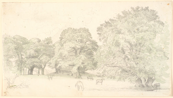 Heste på en lysning ved store egetræer Sandsynligvis Dyrehaven 1872   1873