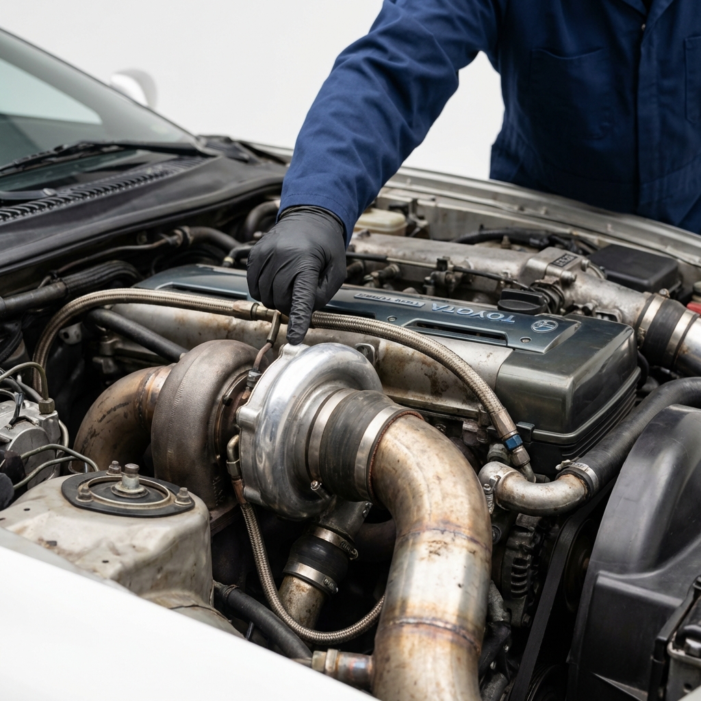 Close view of Mk4 Toyota Supra engine bay showing turbo plumbing and age appropriate patina with a technician pointing at the turbo area toyota supra for sale