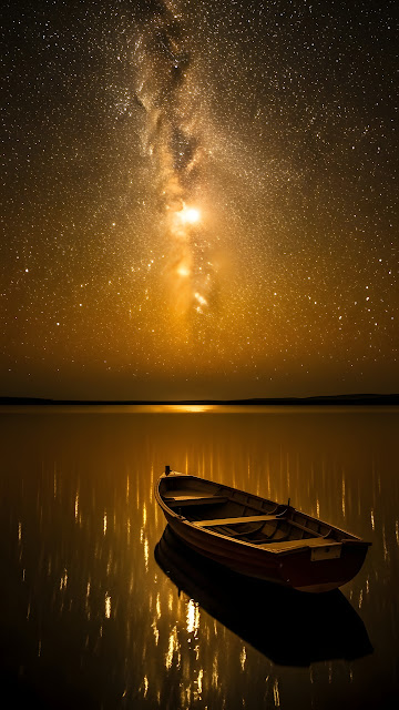 Golden Milky Way Reflected Over a Calm Lake and Rowboat - Free mobile Wallpaper