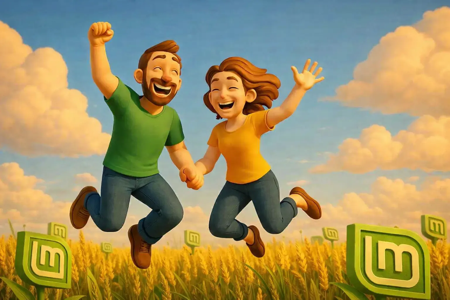 Una pareja de la mano salta en un campo de flores de Linux Mint.