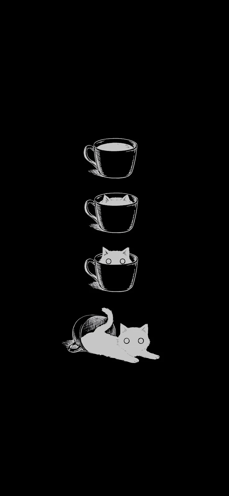 Coffee To Cat Evolution Sketch - Monochromatic Line Art 4K iPhone Wallpaper (2500x5416)
