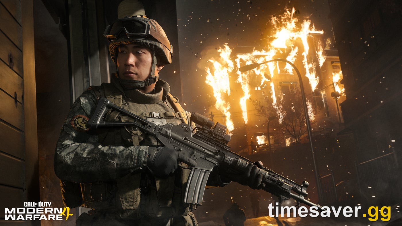 A South Korean squad soldier in a burning city street in the Modern Warfare 4 campaign