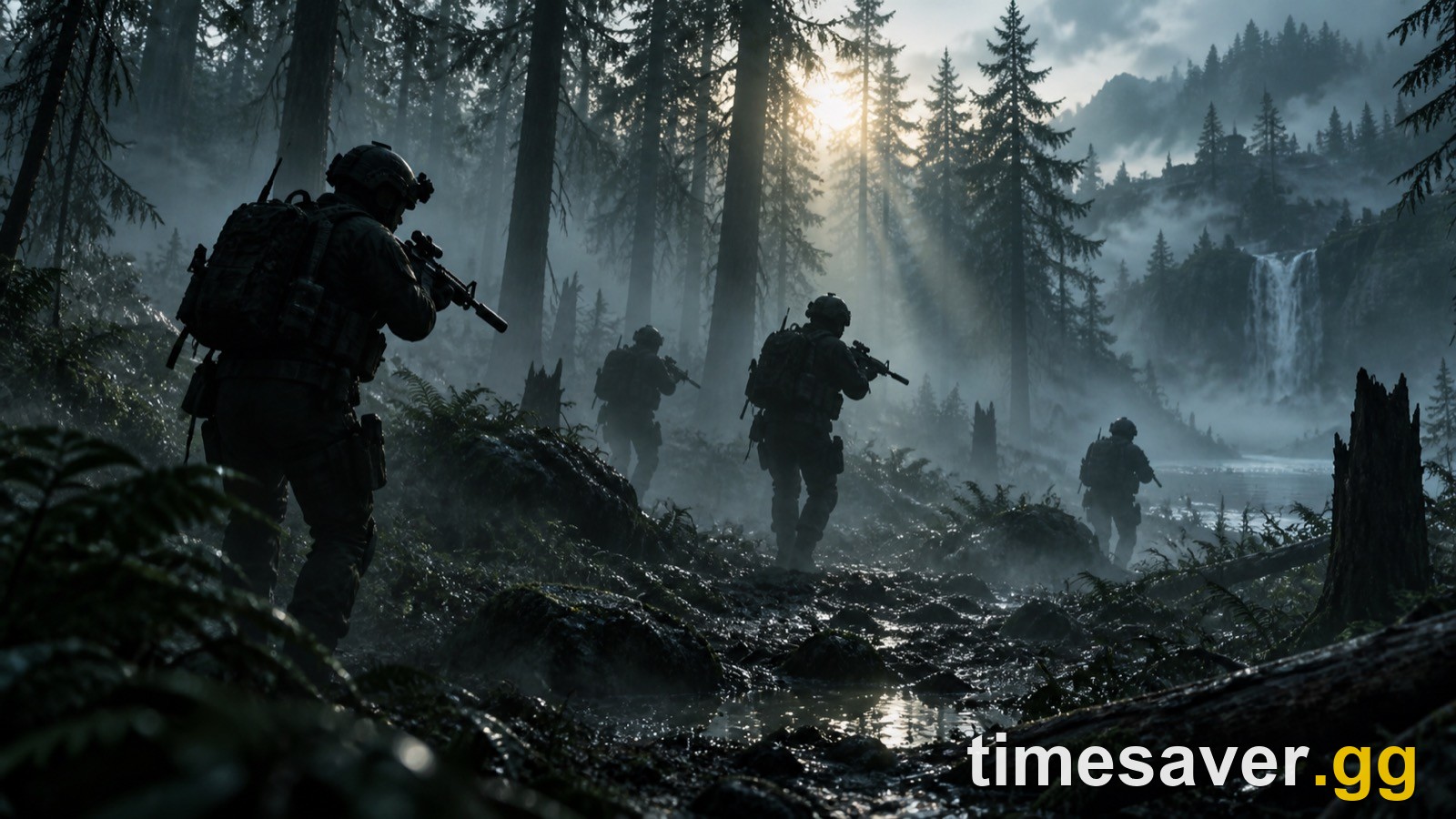 A squad of soldiers advancing through a foggy forest at dawn — MW4's multiplayer runs on its own copy of the game.