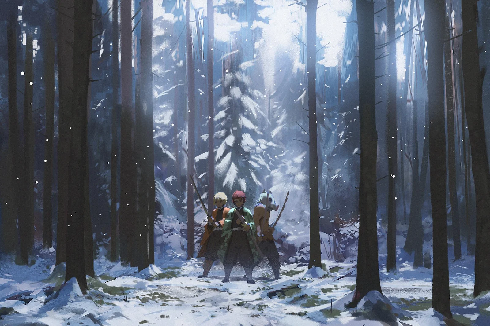 Demon Slayer Trio In Snowy Forest - Digital Illustration Full HD Wallpaper (2000x1334)