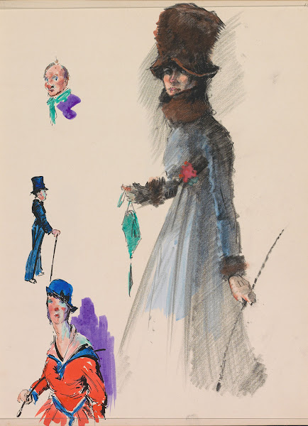Wandelende vrouw in een met bont afgezette mantel met bontmuts 1917 1919