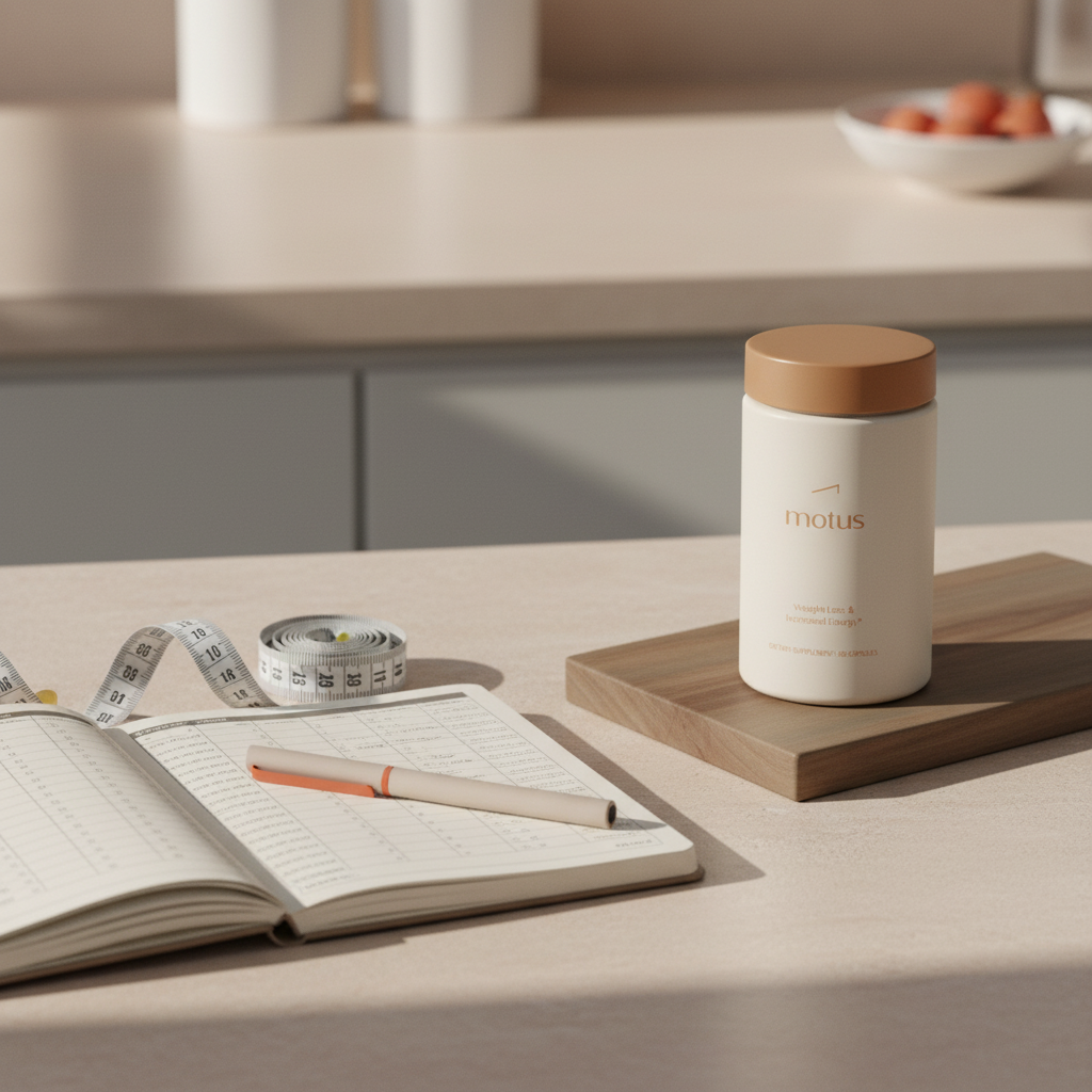 Motus bottle on a soft beige kitchen counter with measuring tape and a notebook showing tracked metrics, minimalist Tonum scene for weight loss pills