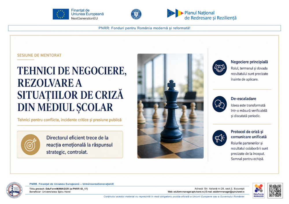 Coperta ghidului TEHNICI DE NEGOCIERE, REZOLVARE A SITUAȚIILOR DE CRIZĂ DIN MEDIUL ȘCOLAR