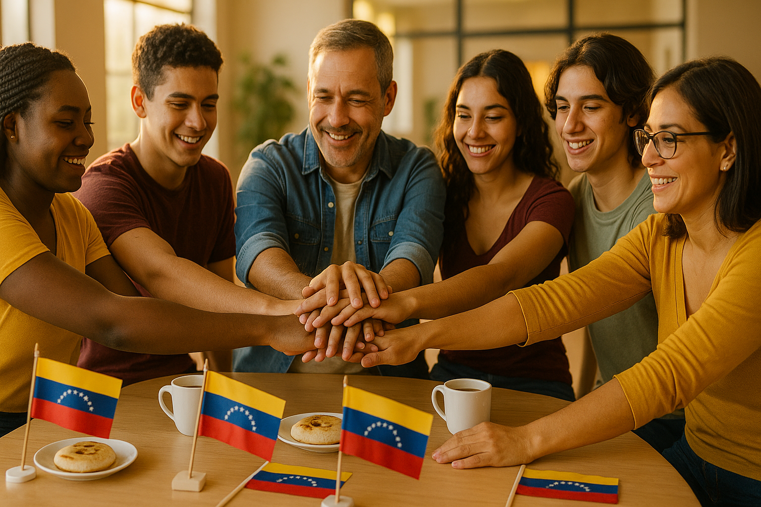 Grupo de venezolanos en centro comunitario uniendo manos en círculo