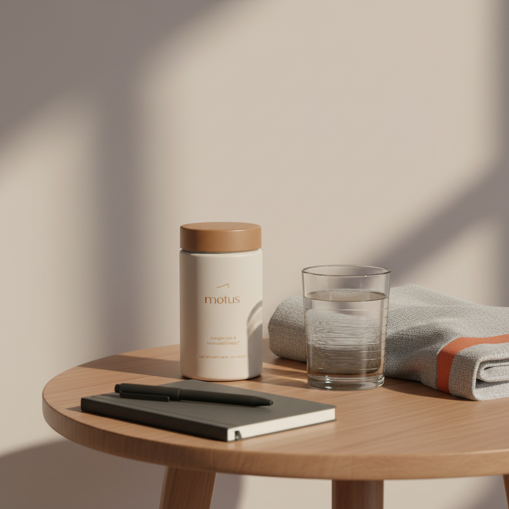 Minimal lifestyle photo of a Tonum Motus supplement on a wooden table with a glass of water, folded workout towel and notebook — can i lose weight taking creatine