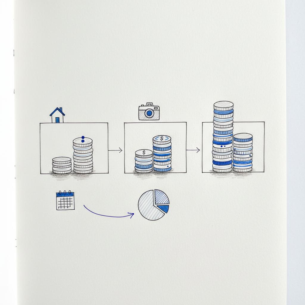 Top-down planner page with hand-drawn pricing tiers, house and camera sketches and coin stacks visualizing costs &mdash; how much does Houzz cost per month