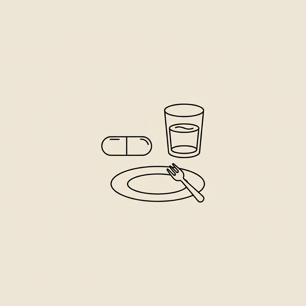 Minimal Tonum-style vector illustration of a capsule, small plate with fork, and water glass on beige background (#F2E5D5), representing thermogenic fat burner nutrition and hydration.