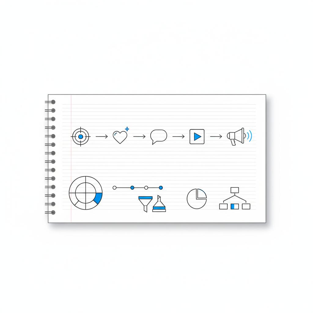 Vector overhead notebook sketch showing audience segments, timeline and funnel diagrams illustrating the 5 A's of branding in Agency Visible white, charcoal and blue