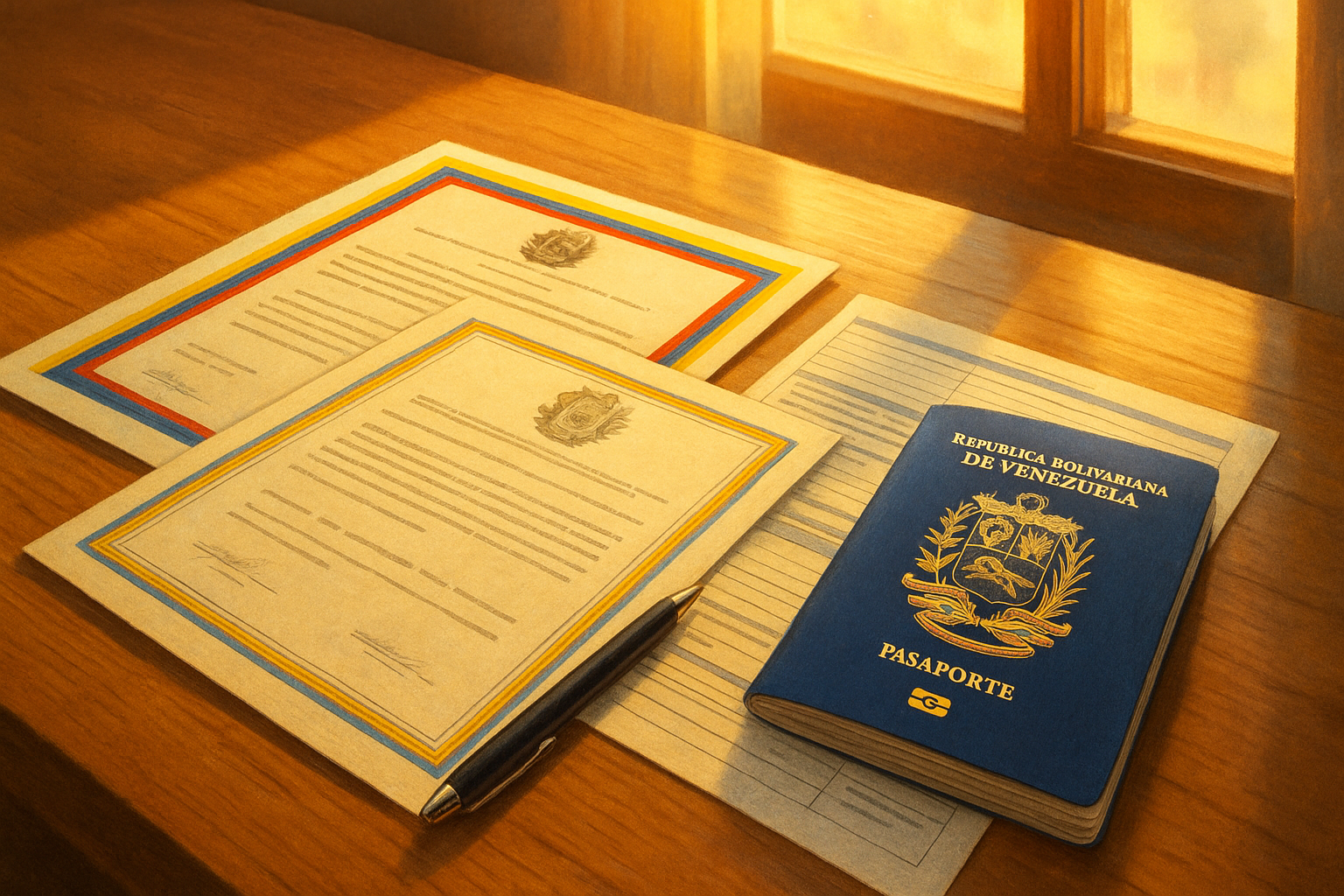 Apostillar documentos venezolanos en el exterior con papeles y pasaporte sobre mesa