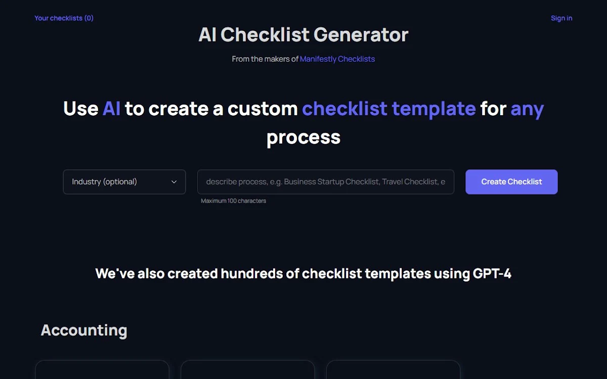 Captura de Checklistgenerator AI