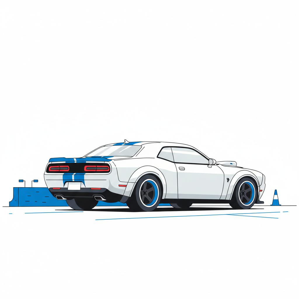 Minimalist 2D vector rear three quarter view of a wide tire muscle car with visible supercharger bulge on a dragstrip pit area using CarFax blue accents c63 amg for sale