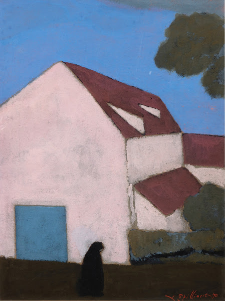 Ferme à la façade rose silhouette de femme 1921