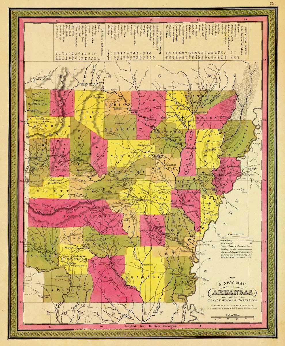 A new map of Arkansas with its canals roads  distances 1847