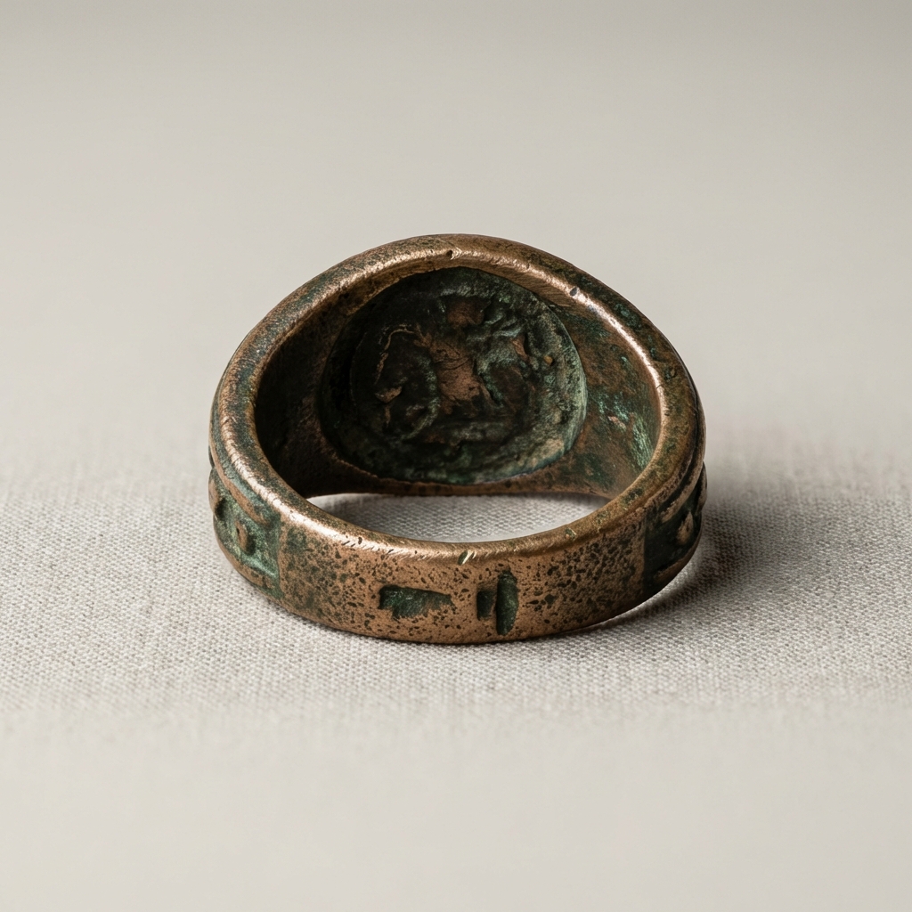 Macro photo of an ancient celtic ring money bezel showing maker marks worn intaglio and copper bronze patina on a beige minimal background