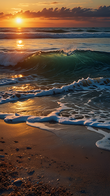 Golden Sunset Waves Rolling onto Sandy Beach - Free mobile Wallpaper