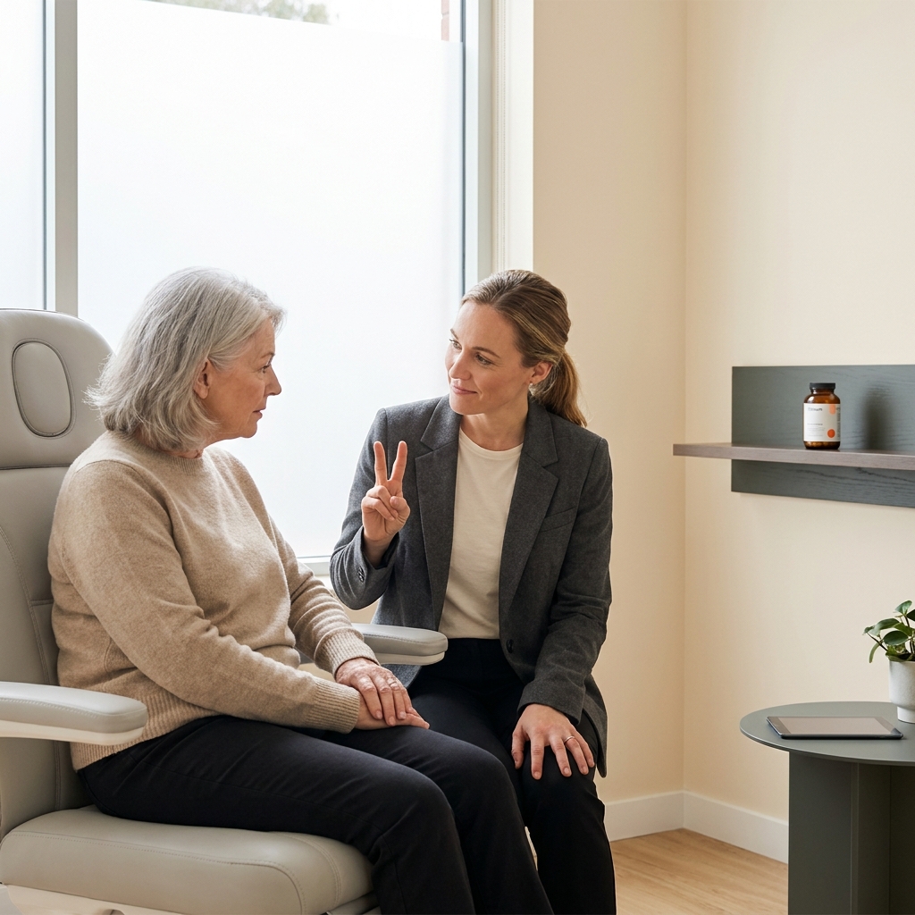 Clinician demonstrates a two finger gesture to an older patient during a compassionate cognitive assessment in a minimalist clinic with Tonum Nouro bottle subtly visible in background referencing alzheimers disease