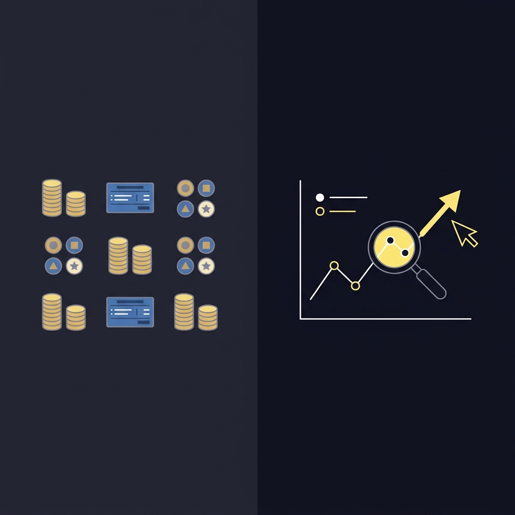 Minimal 2D vector split screen with public money stacks of coins and betting slips on left and a tidy analyst workspace with a precise line chart and arrow on right representing line movement betting