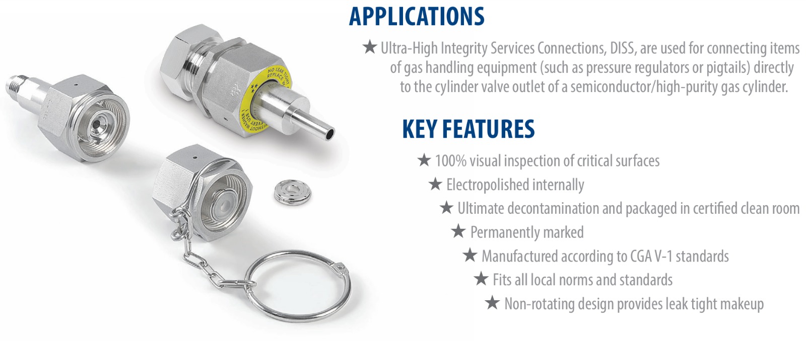 CGA/DISS 40 Series Standard Cylinder Connectors (Nipple, Nut and Gasket)