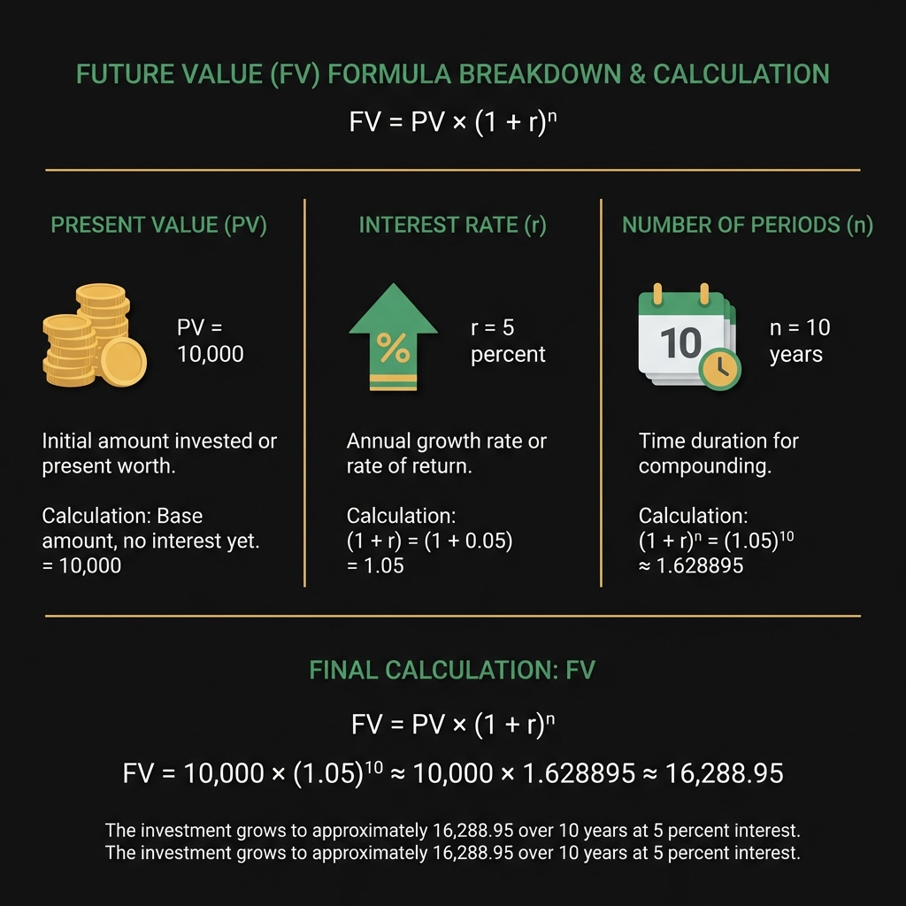 Minimalist full frame infographic of FV formula components PV r n with numeric examples PV 10000 r 5 percent n 10 years for article about how can i start a hedge fund