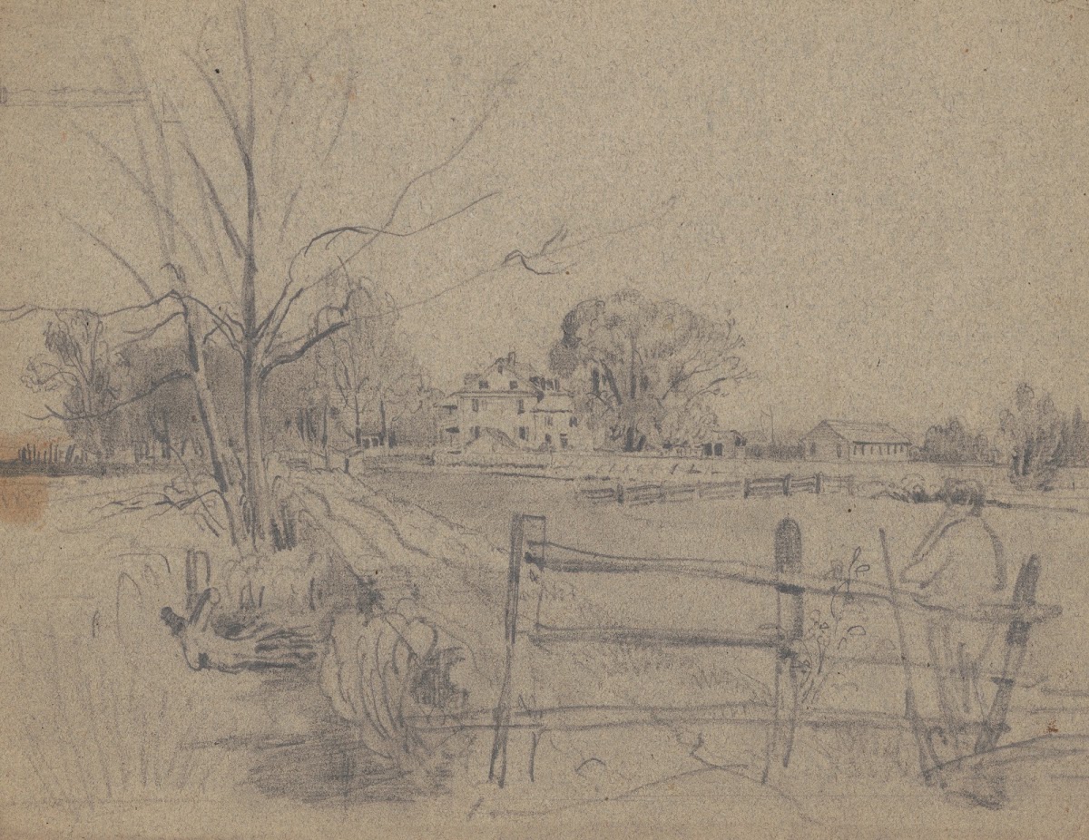 Man with rifle leaning against fence near house with outbuildings 1840 1860