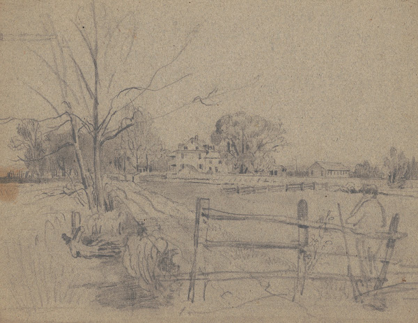 Man with rifle leaning against fence near house with outbuildings 1840 1860