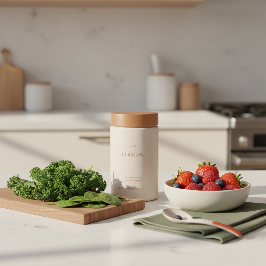 Nouro supplement jar beside fresh leafy greens and a bowl of berries on a kitchen counter, illustrating best food to prevent dementia in a minimalist Tonum style.