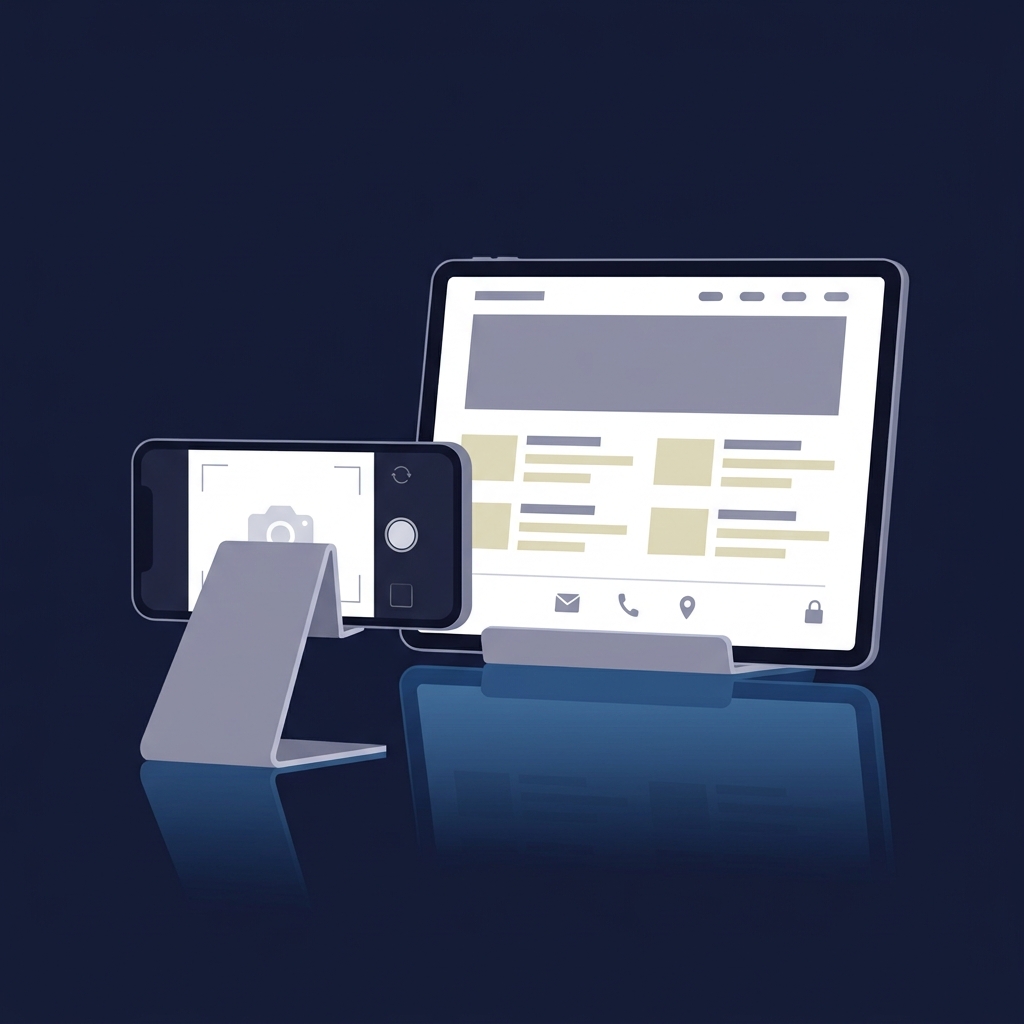 Minimalist 2D vector of a smartphone photographing a webpage with boxed contact details and terms and conditions for archiving that represent betnow phone number