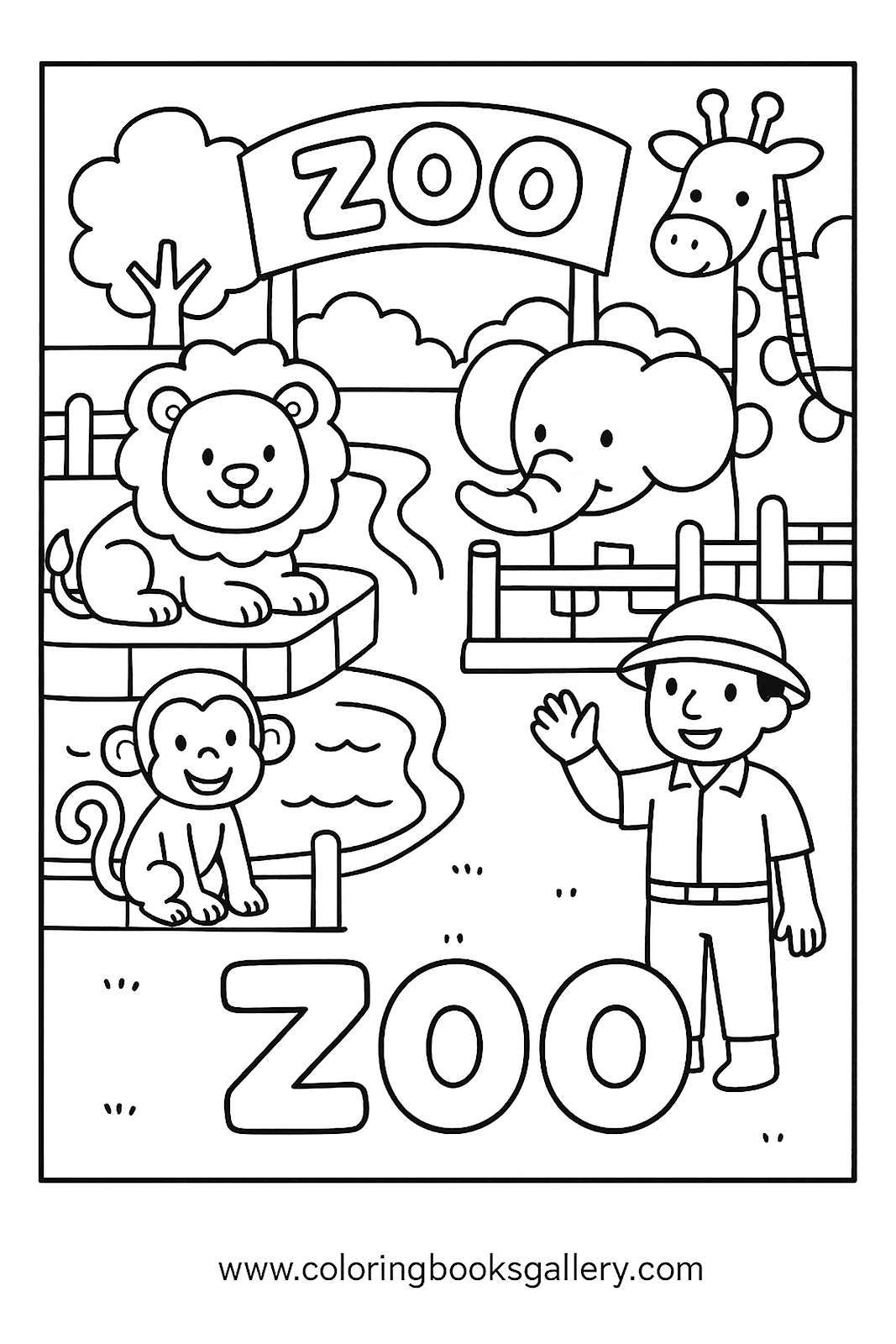 Fun coloring page to learn the English word 'Zoo' for kids – printable coloring page