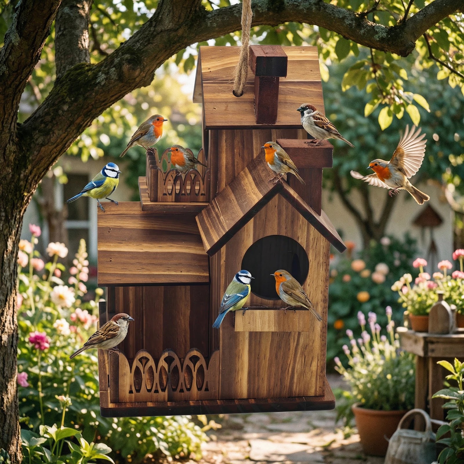 Wooden birdhouse for the garden, hanging