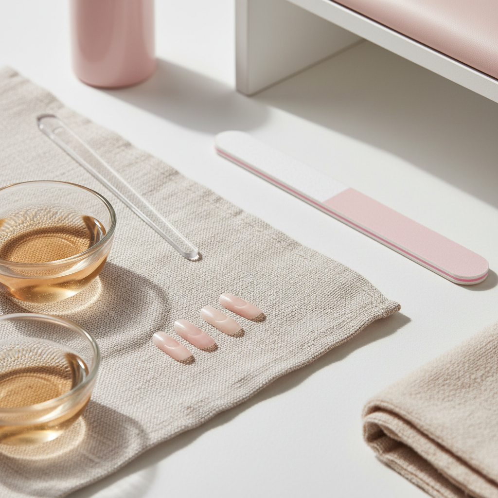 Nahaufnahme eines minimalistischen Maniküre-Arbeitsplatzes mit weißer Fläche, soft-pink und beigen Accessoires, Glasölschale, Glas-Nagelfeile und natürlich wirkenden Nägeln für brüchige Nägel.