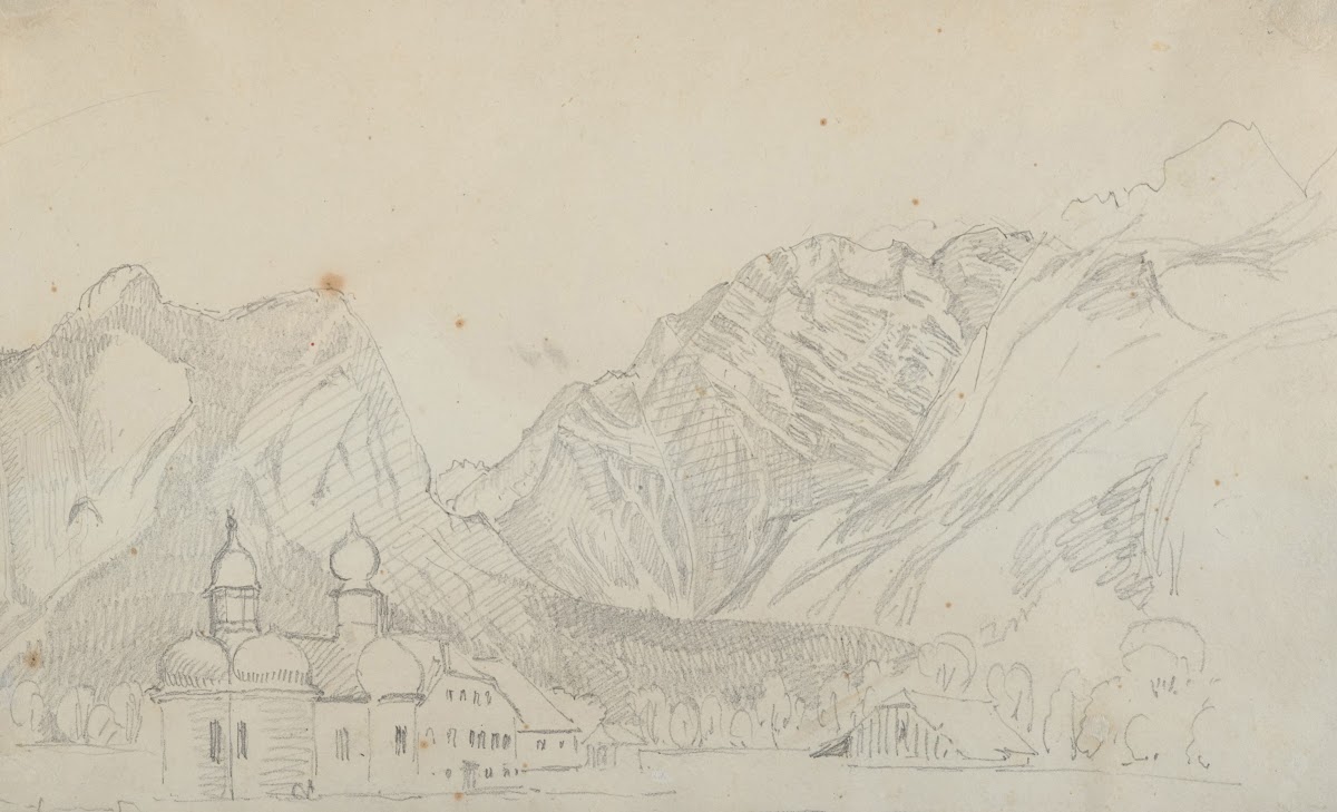 Sketch of the Church of Sankt Bartholomä at the Königsee at the foot of the Watz