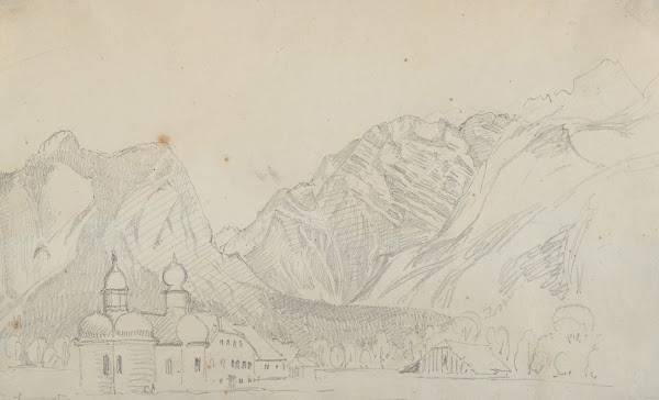 Sketch of the Church of Sankt Bartholomä at the Königsee at the foot of the Watz
