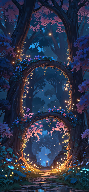 Enchanted Forest Path with Glowing Flower Arches - Free mobile Wallpaper