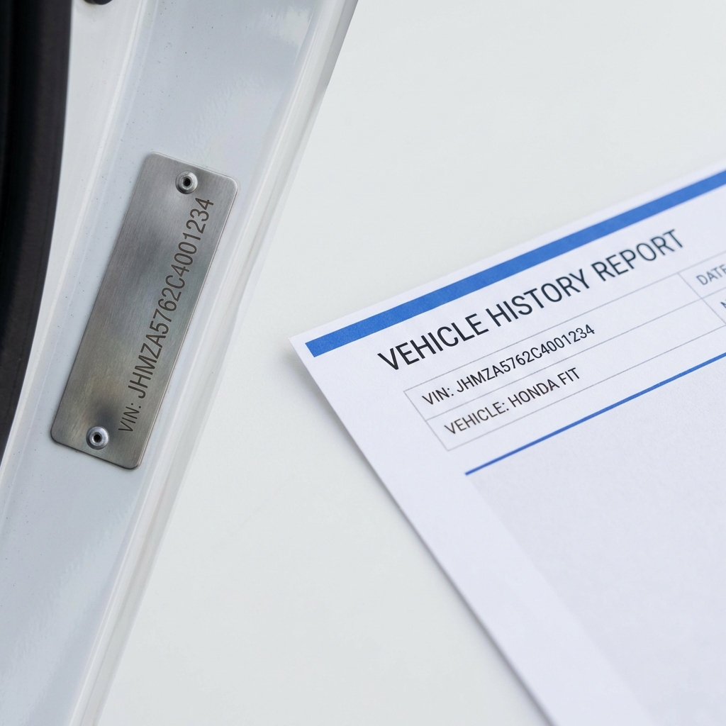 Close up photograph of a VIN plate on a used Honda Fit with a printed vehicle history report beside it featuring a blue accent band used honda fit for sale