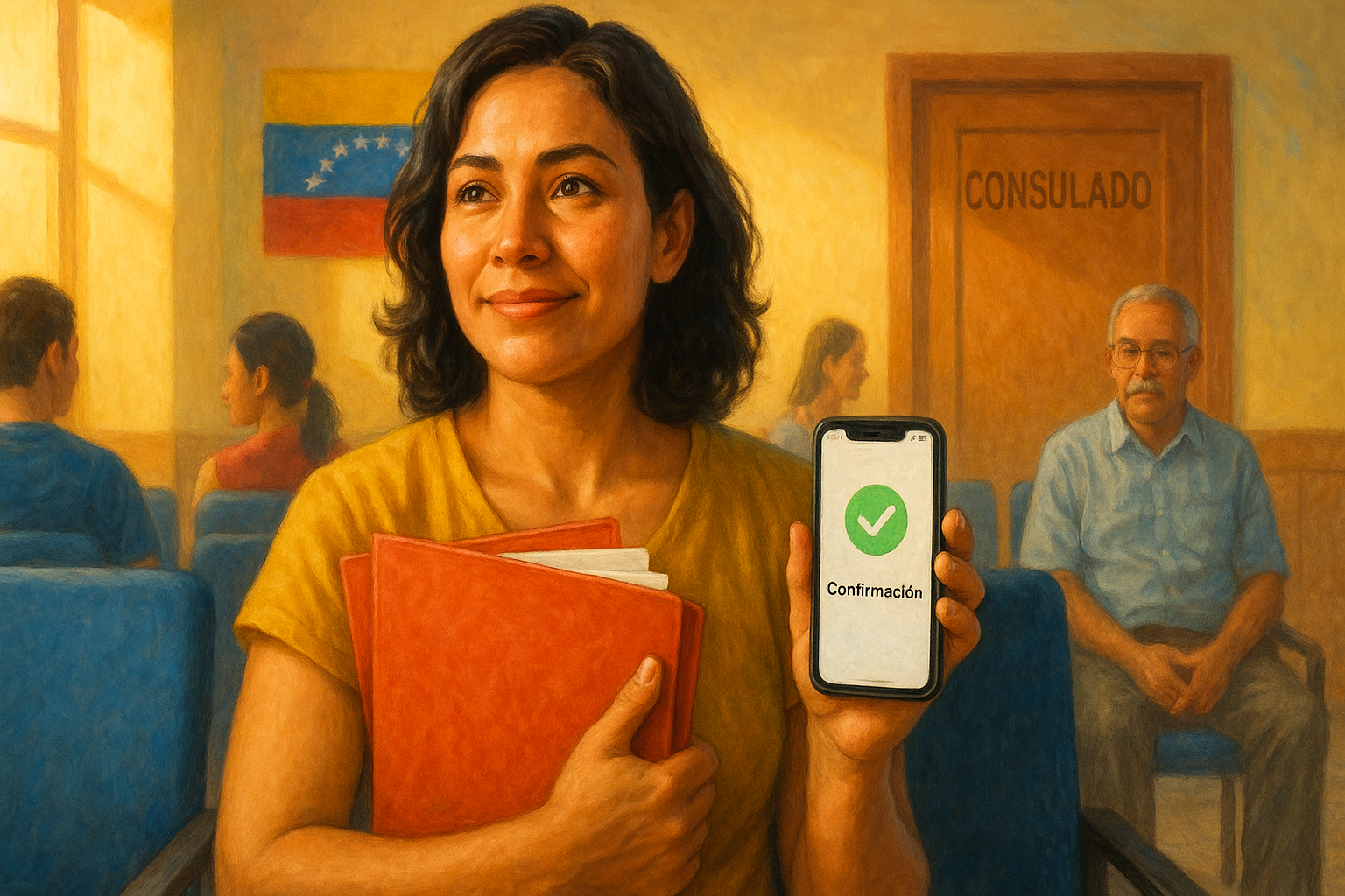 Venezolano en consulado con carpeta de documentos y cita impresa, trámites migratorios en el exterior