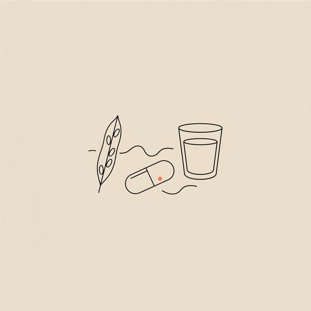 Minimal Tonum-style line illustration of a psyllium seed pod, small glass of water, and capsule on beige background - Metamucil daily side effects