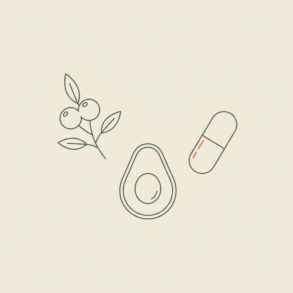 Minimal Tonum-style line illustration of a berry cluster, avocado half, and capsule on beige background — can you eat fruit on a no sugar diet
