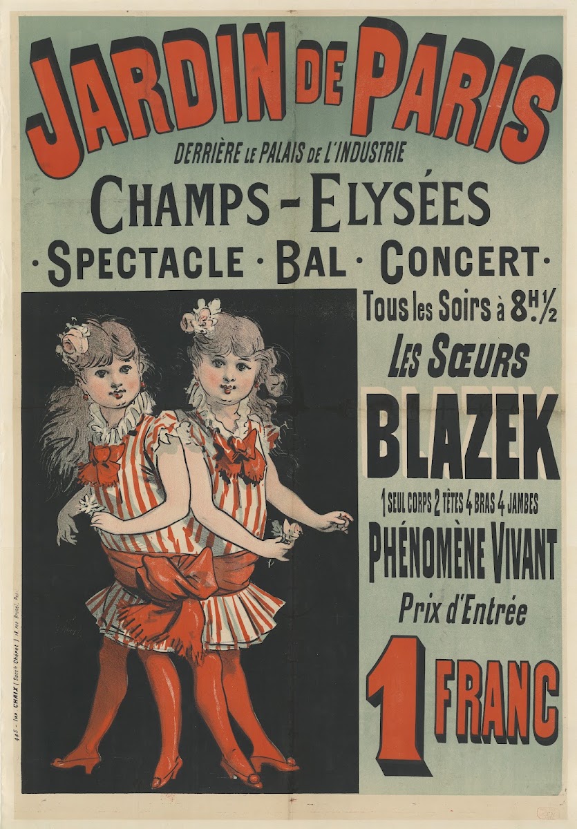 Jardin de Paris Les Soeurs Blazek un seul corps 2 têtes 1884