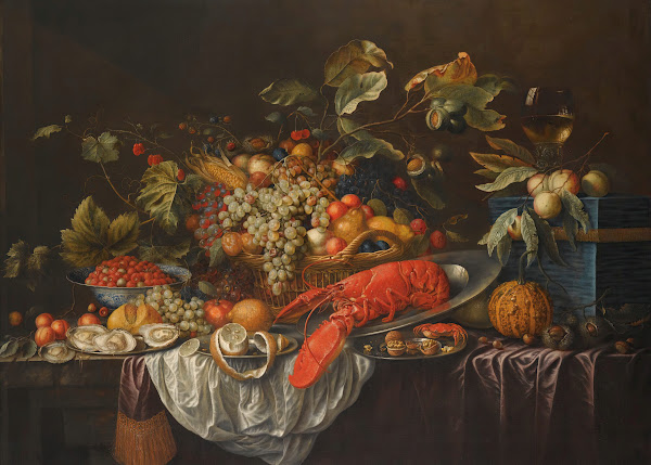 A Still Life Of Assorted Fruits In A Basket A Roemer And Apples Atop A Blue Jewe