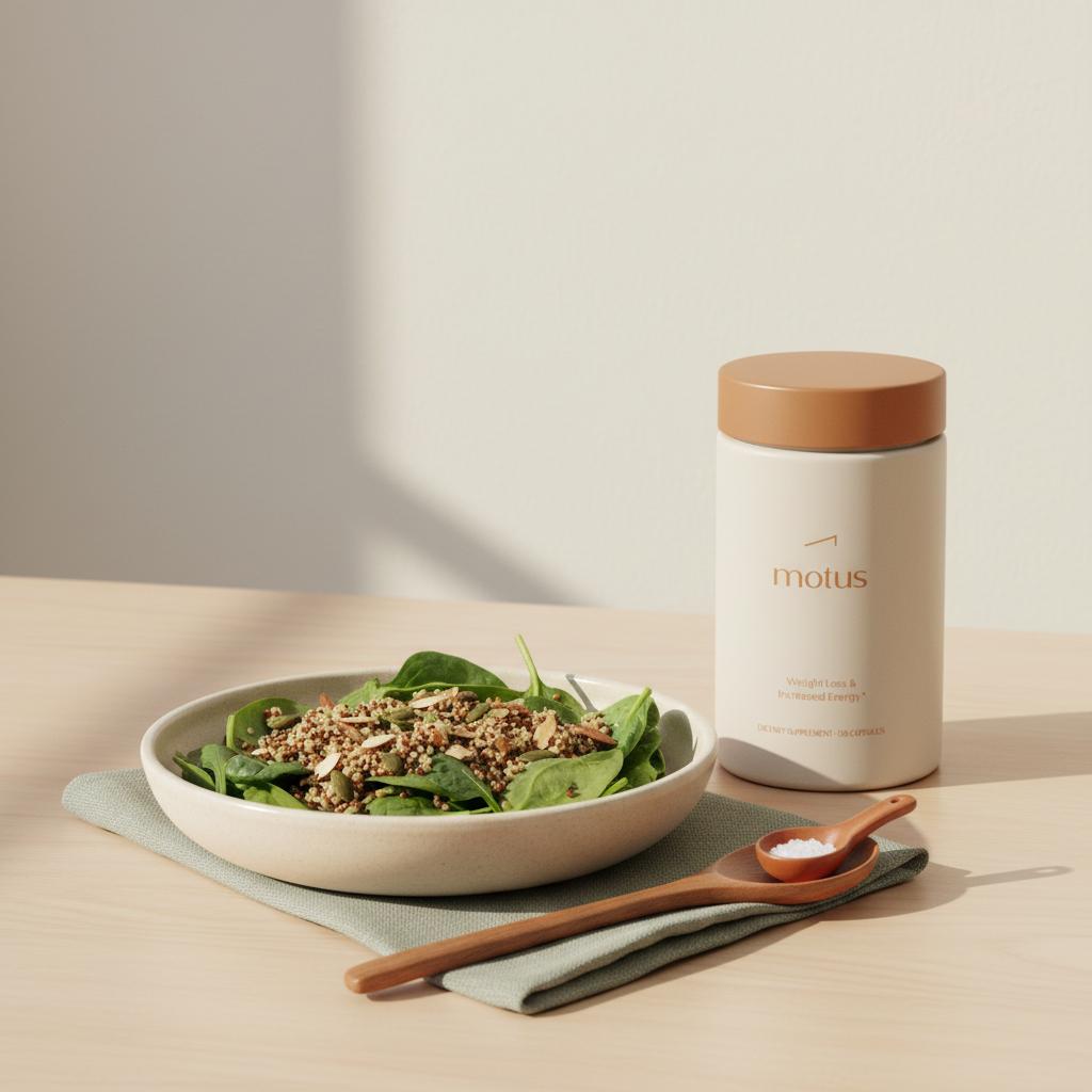 Tonum supplement jar beside a magnesium-rich salad of spinach, quinoa, pumpkin seeds and almonds on a light wooden table, minimalist Tonum scene — magnesium for brain fog