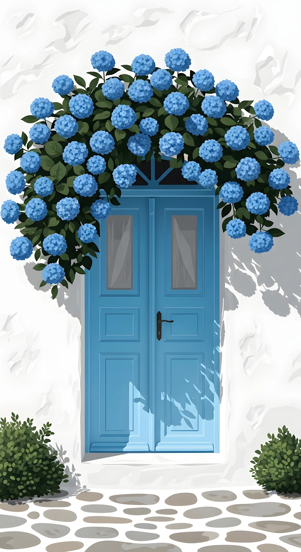Santorini Blue Door with Hydrangea Arch - Free 4K mobile Wallpaper